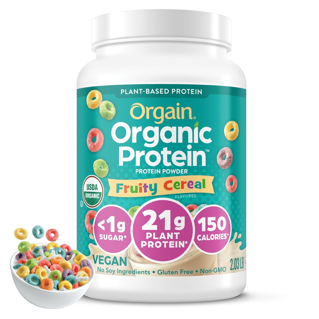 Orgain Organic Vegan Protein Powder, Fruity Cereal - 21g Plant Based Protein, 8g Prebiotic Fiber, Low Net Carb, No Lactose Ingredients, No Added Sugar, Non-GMO, For Shakes & Smoothies, 2.03 lb