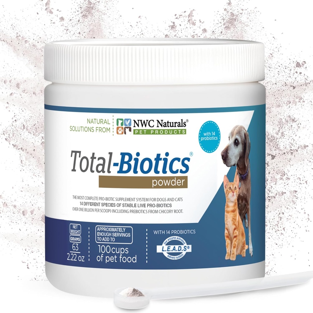 NWC Naturals Total-Biotics, Cat & Dog Probiotics for Digestive Health with Prebiotic, Unflavored Probiotic for Dogs & Cats, Supplement for Gut, Skin, Coat, Stomach Relief, 100 Servings, 2.22 Ounces