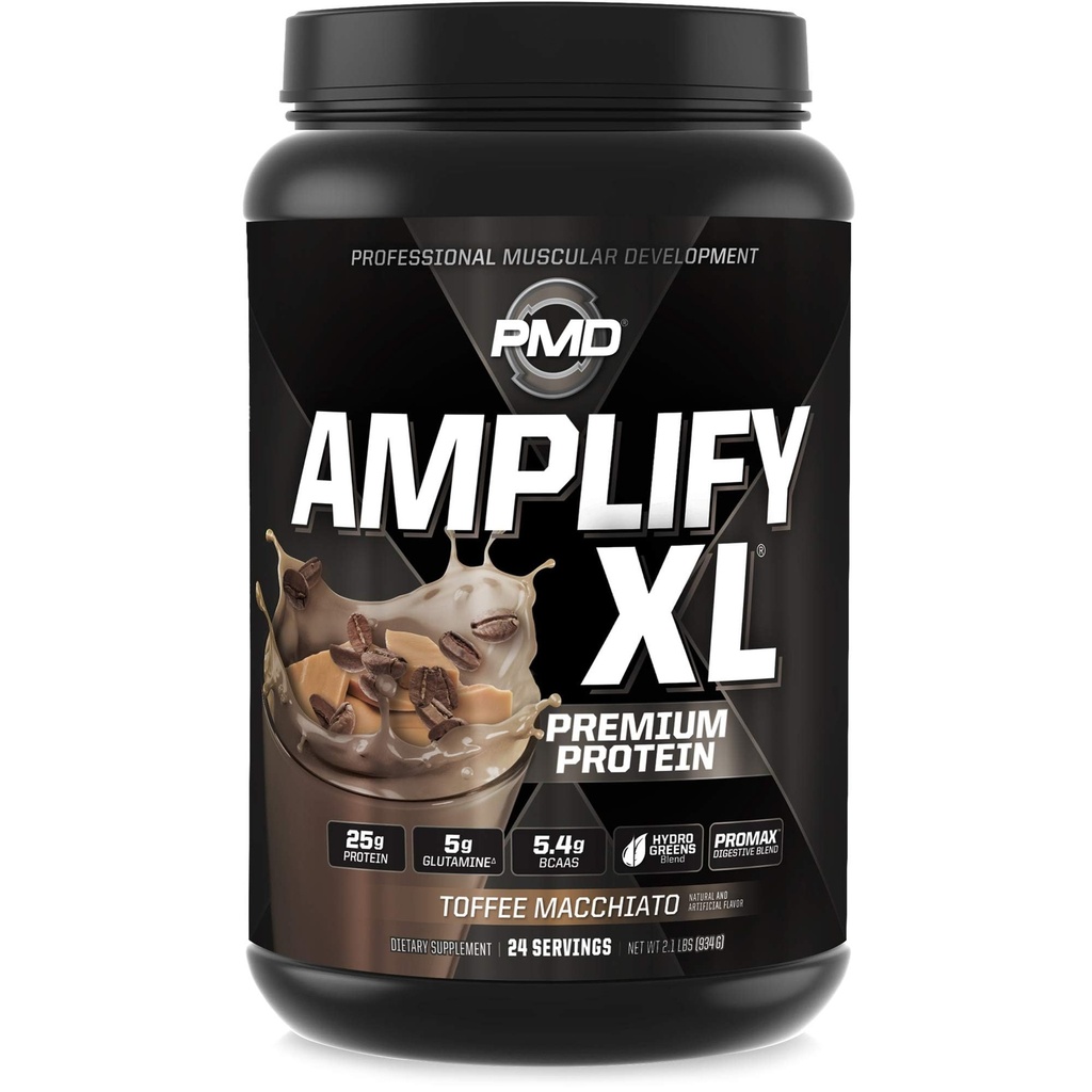 PMD Sports Amplify XL Premium Whey Protein Supplement Hydro Greens Blend - Glutamine and Whey Protein Matrix with Superfood for Muscle, Strength and Recovery - Toffee Macchiato (24 Servings)