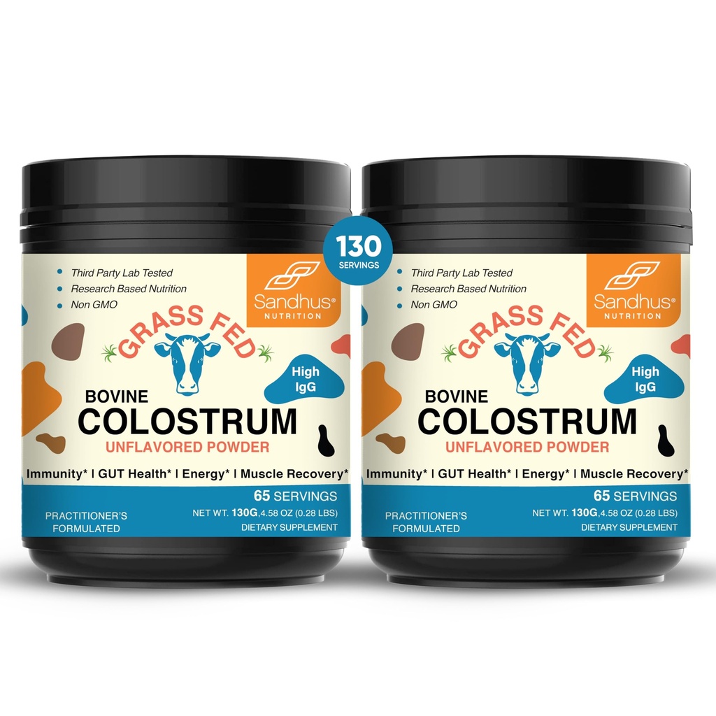 Sandhu's Grass Fed Bovine Colostrum Powder for Humans, Adults | 65 Servings (Pack of 2) Cows Supplement | High IgG for Gut Health | Immunity & Muscle Recovery Support | Unflavored | for Men & Women