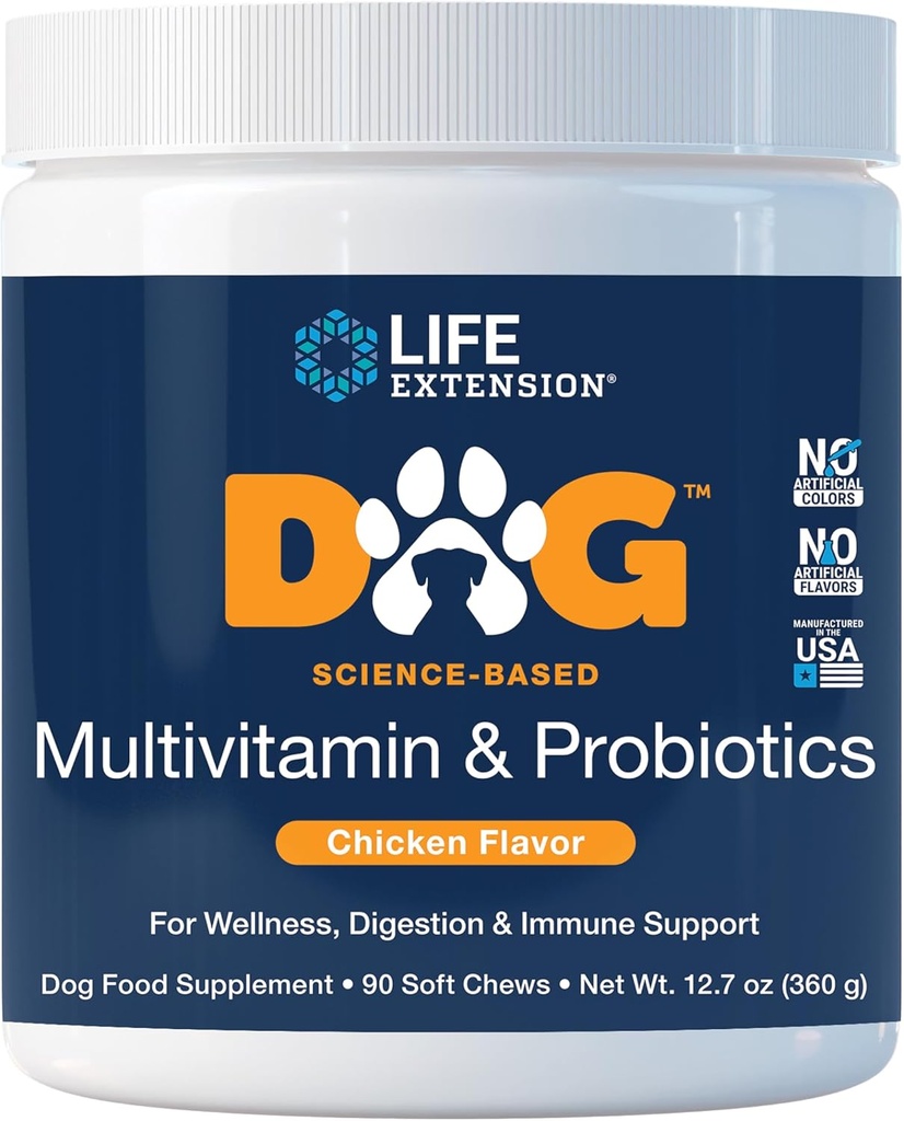 Life Extension Dog Multivitamin & Probiotics - Dog Food Supplement for Overall Health, Digestion and Immune Support - Vitamins, Probiotic Blend, Colostrum (Bovine) - 90 Soft Chews