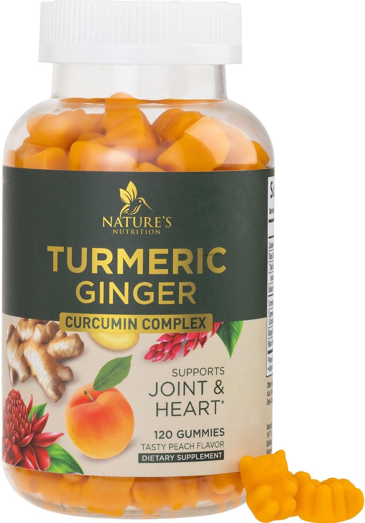 Turmeric Curcumin Supplement Gummies - 95% Curcuminoids with Turmeric & Ginger, Black Pepper for Best Absorption, Nature's Vegan Joint Support, Non-GMO, Gluten Free, Tasty Peach Flavor - 120 Gummies