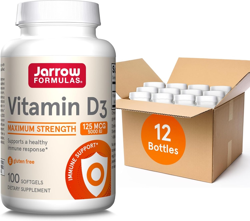 Jarrow Formulas Vitamin D3 125 mcg (5000 IU) - 100 Servings (Softgels) - Bone Health, Immune Support & Calcium Metabolism Support - Vitamin D Supplement - D3 Vitamins - 5000 IU Vitamin D (Pack of 12)