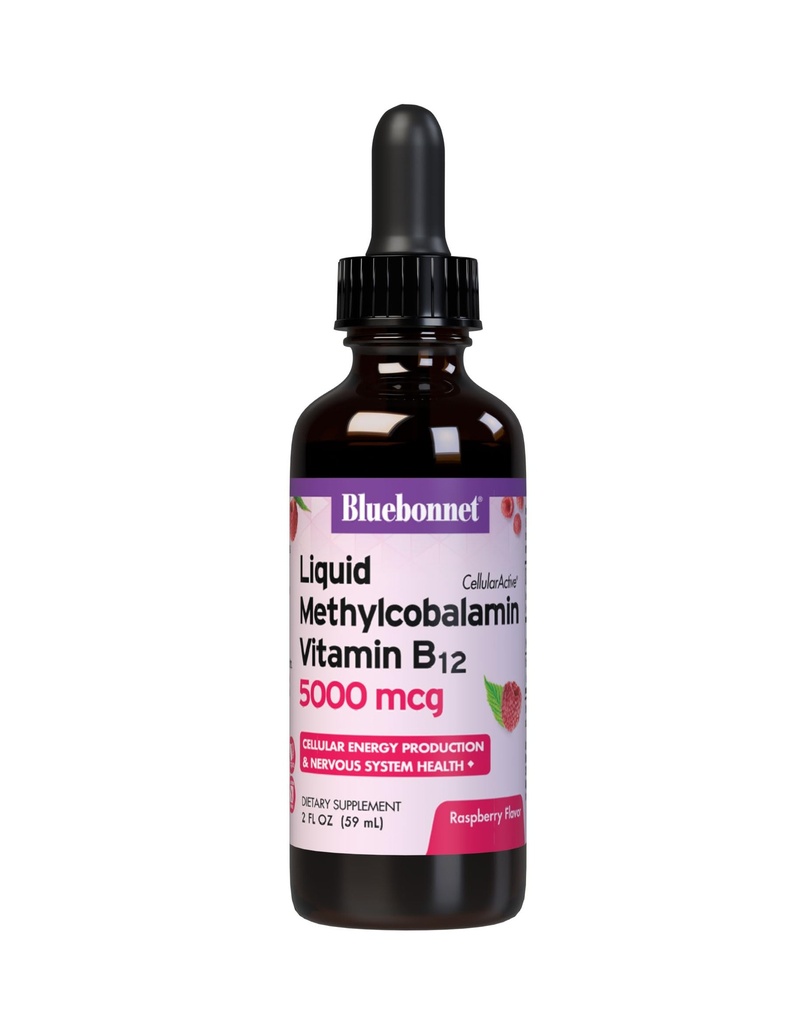 Bluebonnet Liquid Methylcobalamin Vitamin B12 5000 mcg Active Coenzyme Form of Vitamin B 12 Liquid Drops Energy Supplement for Women & Men - Vegan, Gluten-Free - Raspberry Flavor - 2 Fl Oz