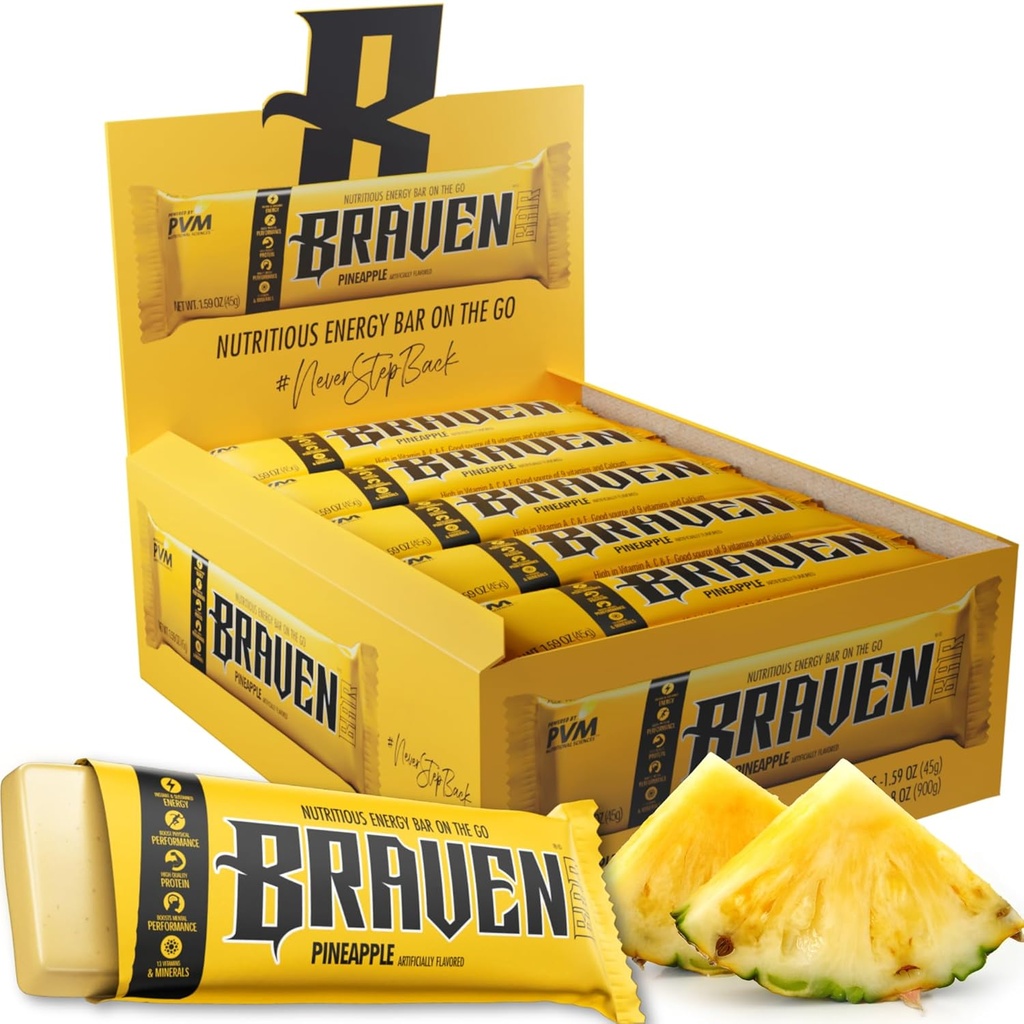 Braven Bar Pineapple Energy Bars (1.59 oz, Pack of 20) – Energy Chews with 5g Protein – On-the-Go Energy Snacks for Running, Hiking, and Sports - Gluten Free Snacks for Sustained Energy Boost