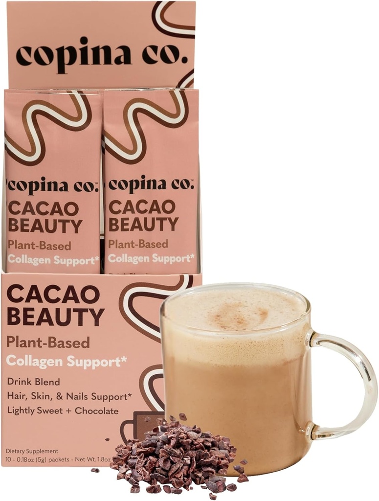 Copina Co. Cacao Beauty Vegan Collagen Booster Drink Blend: Plant-Based Collagen Support Smoothie Drink Vegan Blend Variety Pack | Cacao Flavor | 10 Individual Stick Packs per Carton