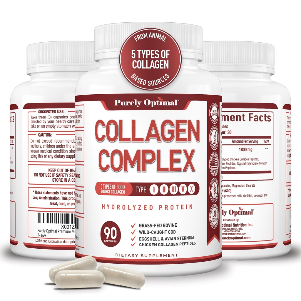 Purely Optimal Premium Multi Collagen Peptides Capsules (Types I, II, III, V, X) - Hair, Skin and Nails, Digestive & Joint Health Supplement, Hydrolyzed Collagen Pills (90 Capsules)