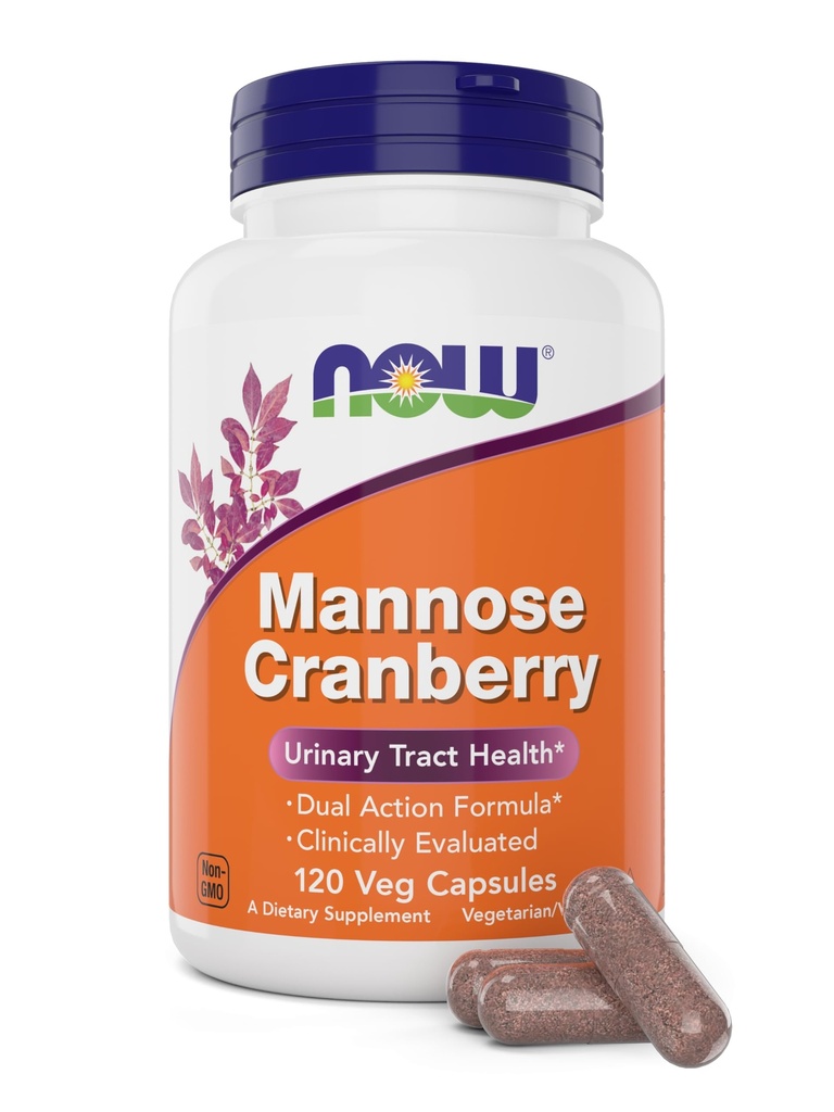 NOW Foods Mannose Cranberry, 120 Veg Capsules - with PAC - 450mg dMannose, 250mg Whole Cranberry - Bladder Cleanse and Urinary Tract Health* - Vegan Friendly Supplement, Non-GMO