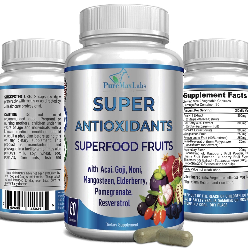 Super Antioxidant Fruit Superfood Complex - Powerful Antioxidant Superfruits, Acai, Goji, Noni, Mangosteen, Pomegranate, Elderberry, Resveratrol, Immune Support, Skin Care - 60 Capsules