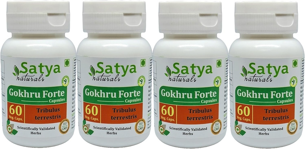 Gokhru Forte Capsule 500 mg. 60 Veg. Capsule | Gokharu (Tribulus Terrestris) Extract Capsules for Men and women | Ayurvedic Herbal Supplement/Remedies | 10:1 Forte (4 Bottles of 60 Capsules)