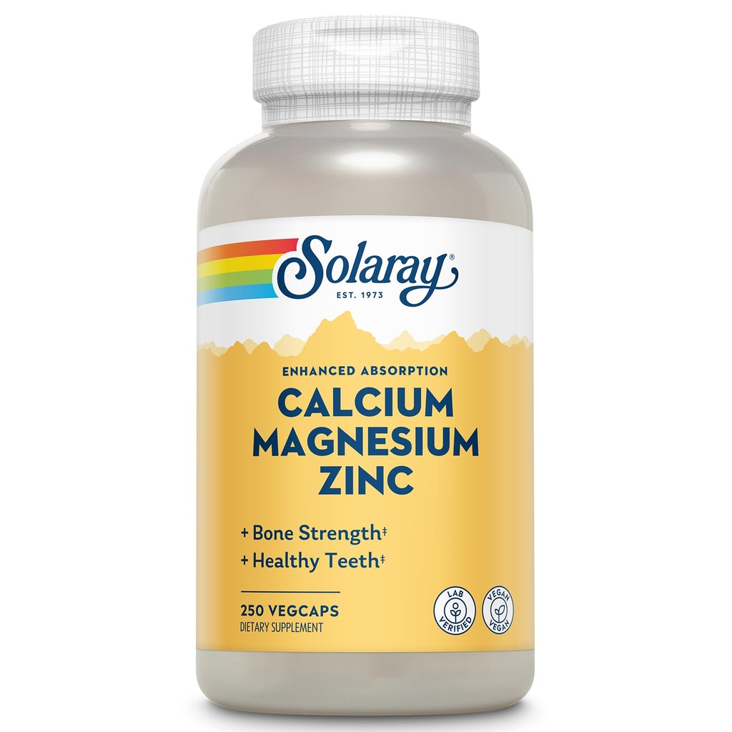 SOLARAY Calcium Magnesium Zinc Supplement - with Calcium 1000mg, Magnesium 500mg - Bone Health, Muscle Function, Heart Health and Immune Support - Vegan, 60 Day Guarantee, 62 Servings, 250 VegCaps