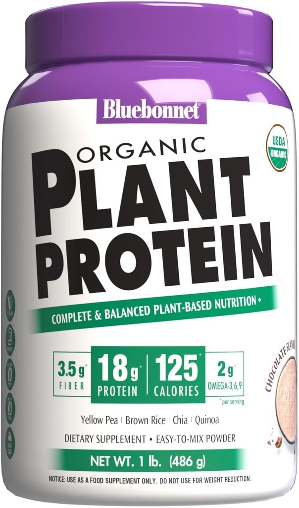 Bluebonnet Nutrition Organic Plant Protein - 18g Protein, 3.5g Fiber – Chia, Quinoa & More - Non-GMO, Vegan, Kosher, USDA Organic, No Sugar Added – Free of Gluten, Soy & Milk - 1 LB, Chocolate Flavor