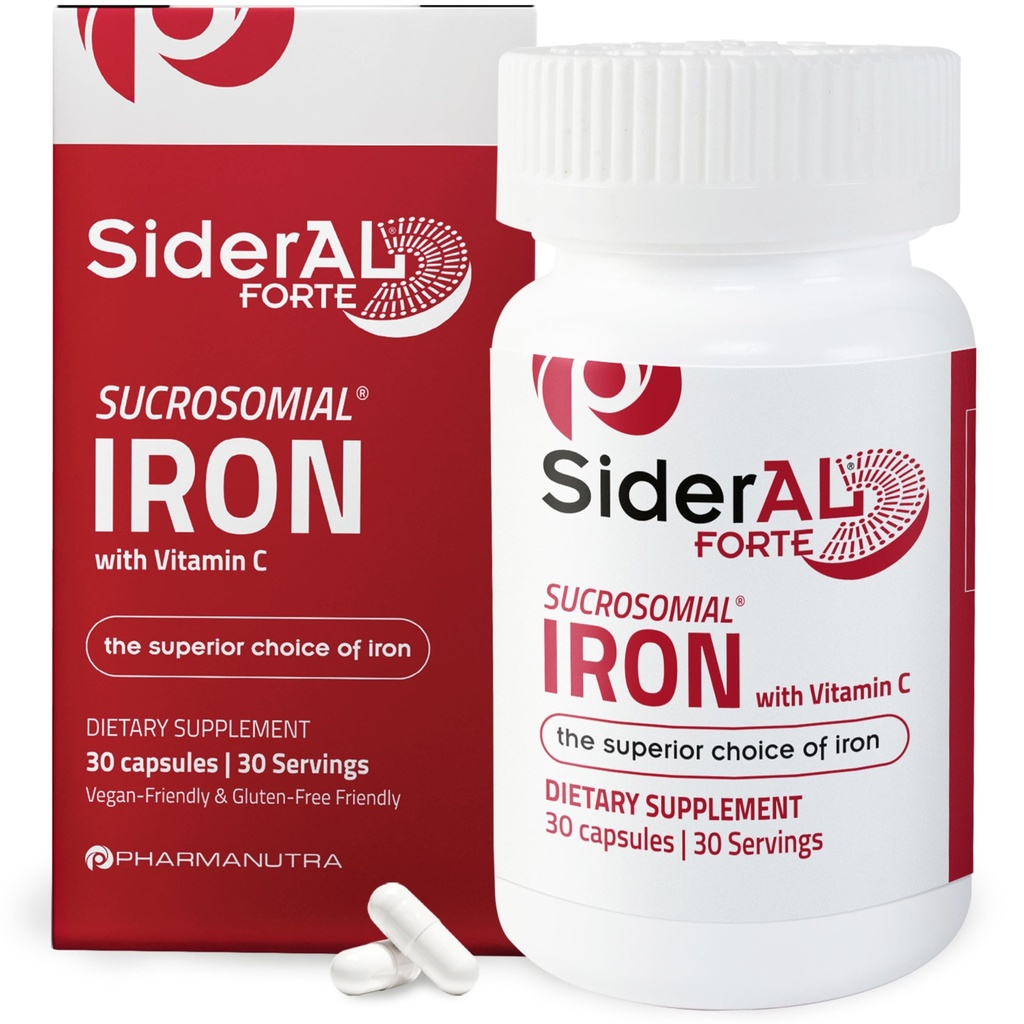 SiderAL Forte Iron Supplement Clinically Proven to Increase Levels Without Side Effects | Sucrosomial High Absorption Gentle Iron Pills for Women and Men | Vitamin C | Anemia & Energy Support | 30 ct