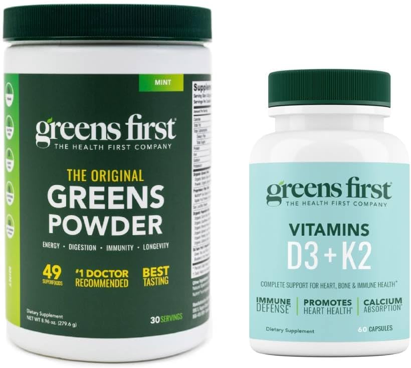 Greens First - Mint - 30 Servings - Greens Powder Superfood, 49 Superfoods, 15+ Organic Fruit & Vegetables, Dairy Free, Vegan & Non-GMO - 9.86 oz and D3+K2 Vitamins, 60 Vegetable Capsules