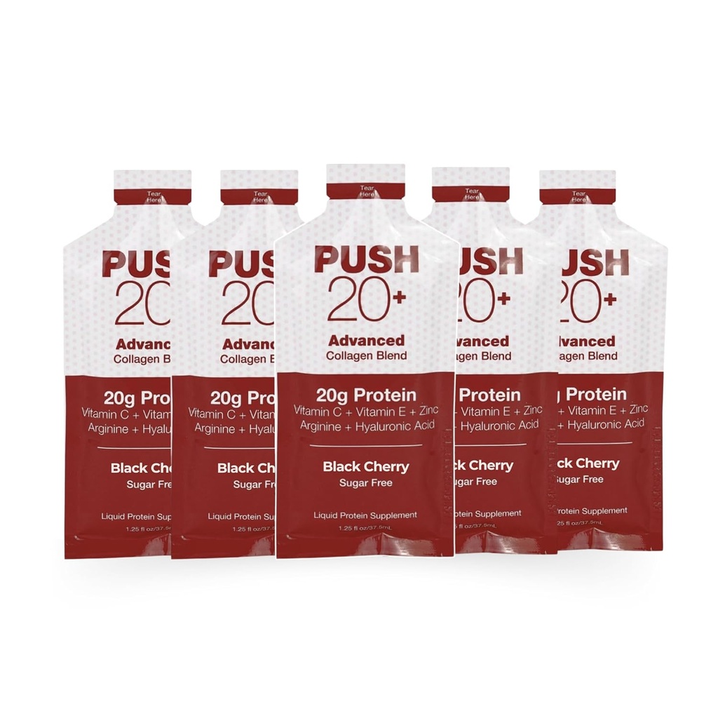 PUSH20+ Advanced Collagen Blend - Liquid Protein 20g per 1.25 fl. oz - Black Cherry Flavor - Vitamin C, Collagen Peptides, Hyaluronic Acid, Vitamin E & Best Liquid Collagen by Being Well Essentials