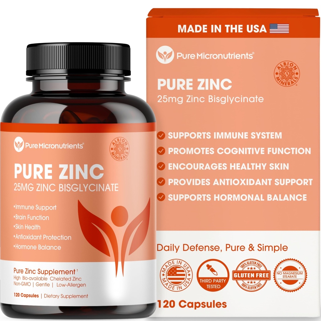 Pure Zinc Supplement 25mg - TRAACS Bisglycinate Chelate - 120 Capsules for Immune Support, Skin Health & Energy - for Men & Women