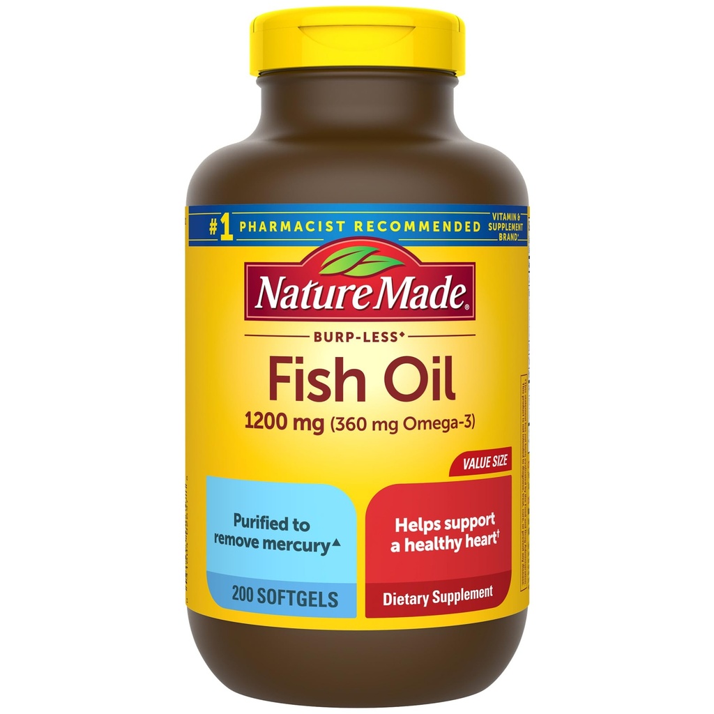 Nature Made Burp Less Fish Oil Omega 3 Supplements, 1200 mg Softgels, Omega 3 Fish Oil for Healthy Heart Support, 200 Softgels, 100 Day Supply