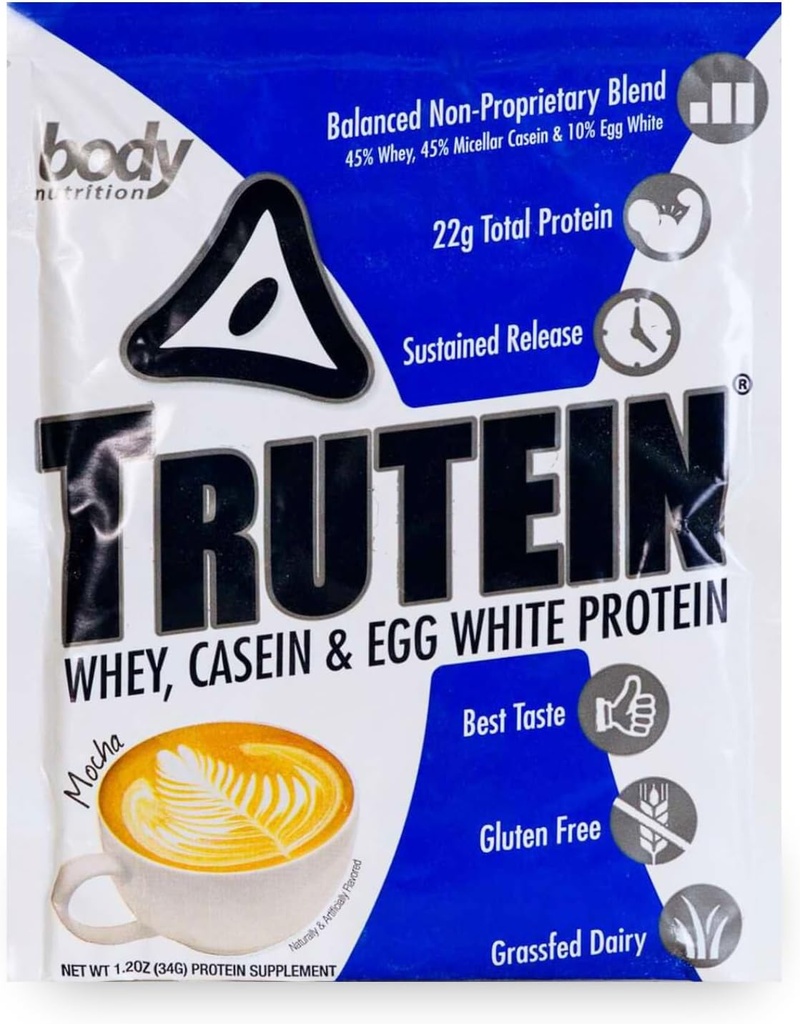 Body Nutrition Trutein High Protein Powder: 45% Whey, 45% Casein, 10% Egg White, Gluten-Free, Low Sodium, Grass Fed Whey Protein Powder, Gym Supplement & Breakfast Shake, Mocha, 34g Sample