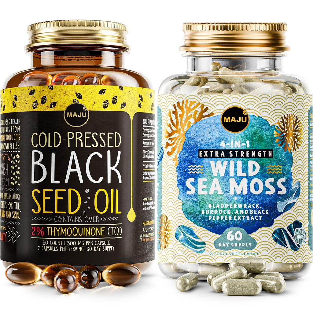 Maju Superfoods 4-in-1 Sea Moss Capsules and Black Seed Oil Capsules Bundle