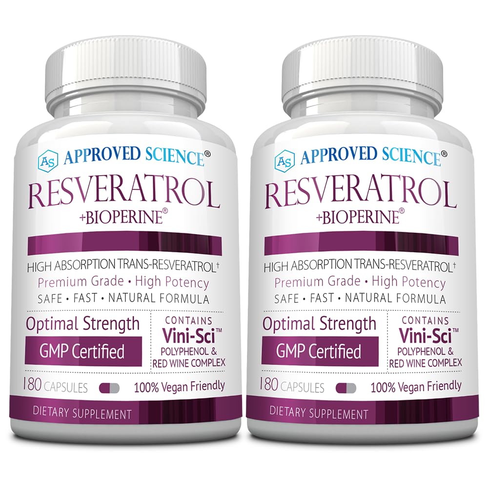 Approved Science® Resveratrol - 1000 mg of Trans Resveratrol - 250 mg of Polyphenol - 98% Purity Level - Includes Bioperine® - 380 Vegan Friendly Capsules - 2 Bottles