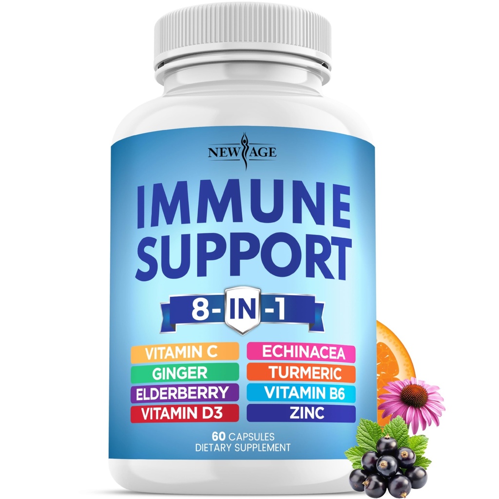 NEW AGE 8 in 1 Immune Support Booster Supplement with Echinacea, Vitamin C and Zinc 50mg, Vitamin D 5000 IU, Turmeric Curcumin & Ginger, B6, Elderberry 60 Count (Pack of 1)