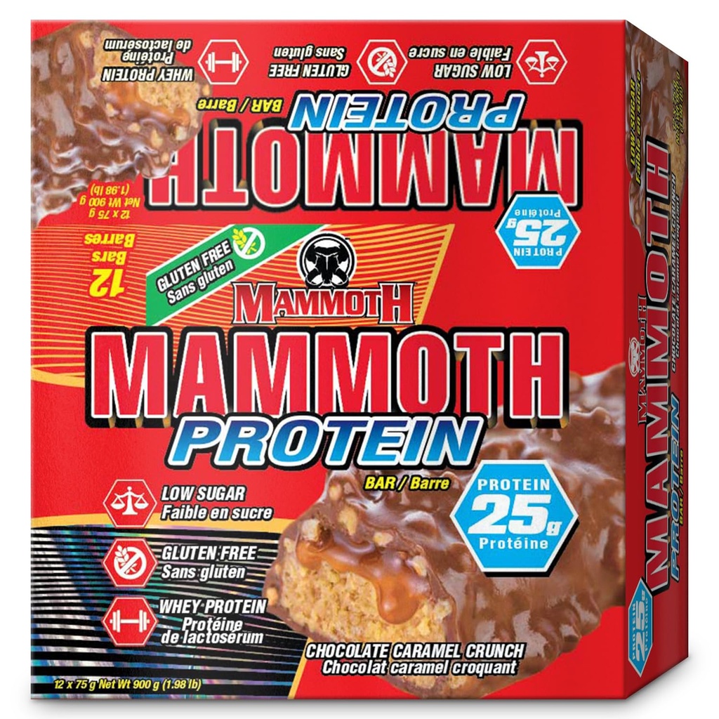 MAMMOTH Protein Bar, Chocolate Peanut Butter Crunch, 25g Protein, Low Sugar, Low Carb, Gluten Free, 12 x 65g (12 Count) (Chocolate Peanut Butter Crunch) (12 Count, Chocolate Caramel Crunch)