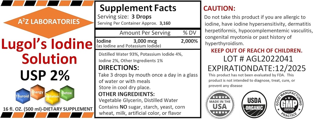 1x16 OZ Organic Lugol's Iodine and Potassium Iodide 2% Solution 3000 mcg -Liquid Supplement Drops for Thyroid Support for Women & Men, Metabolism Health, Detox Boost -16 Fl Oz /Ships Today!