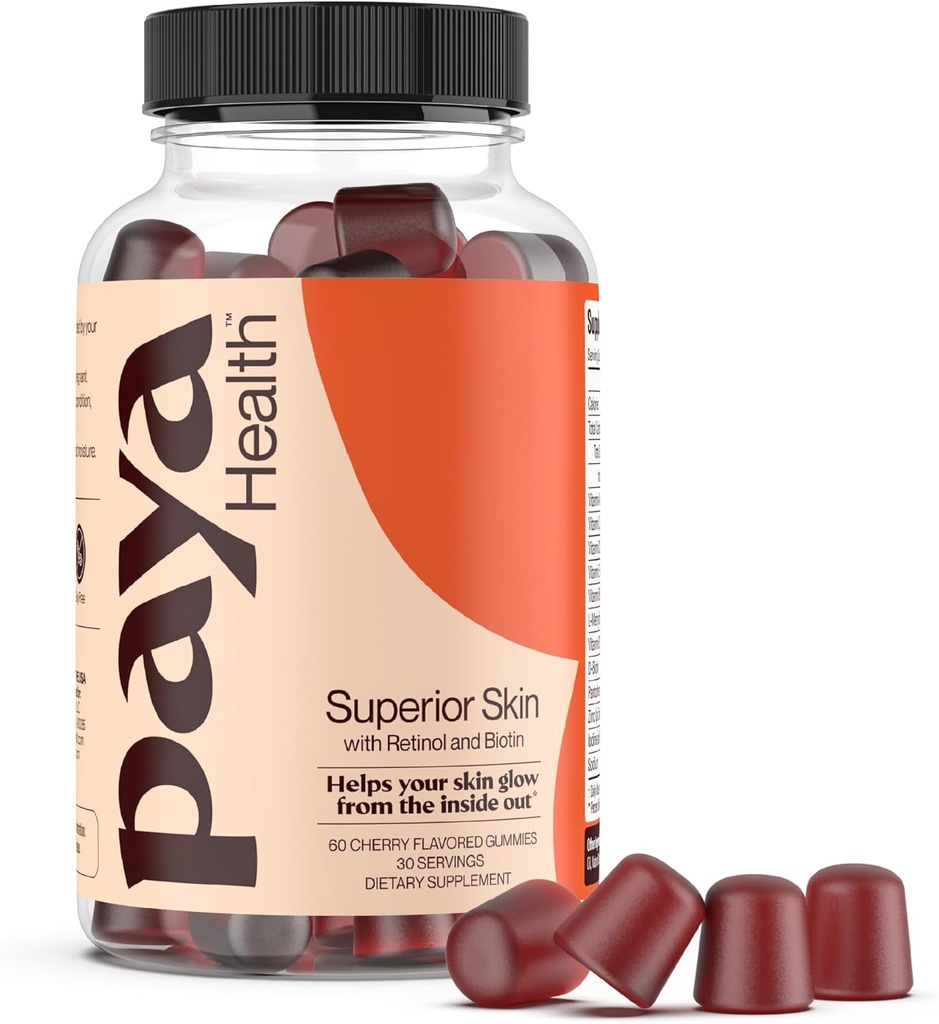 Skin Retinol and Biotin Gummies for Clear, Smooth Skin, Healthy Hair & Nails | Supplement with Zinc, Vitamins A, E and C | Non-GMO, Gluten-Free, Cherry Flavor, 60 Count
