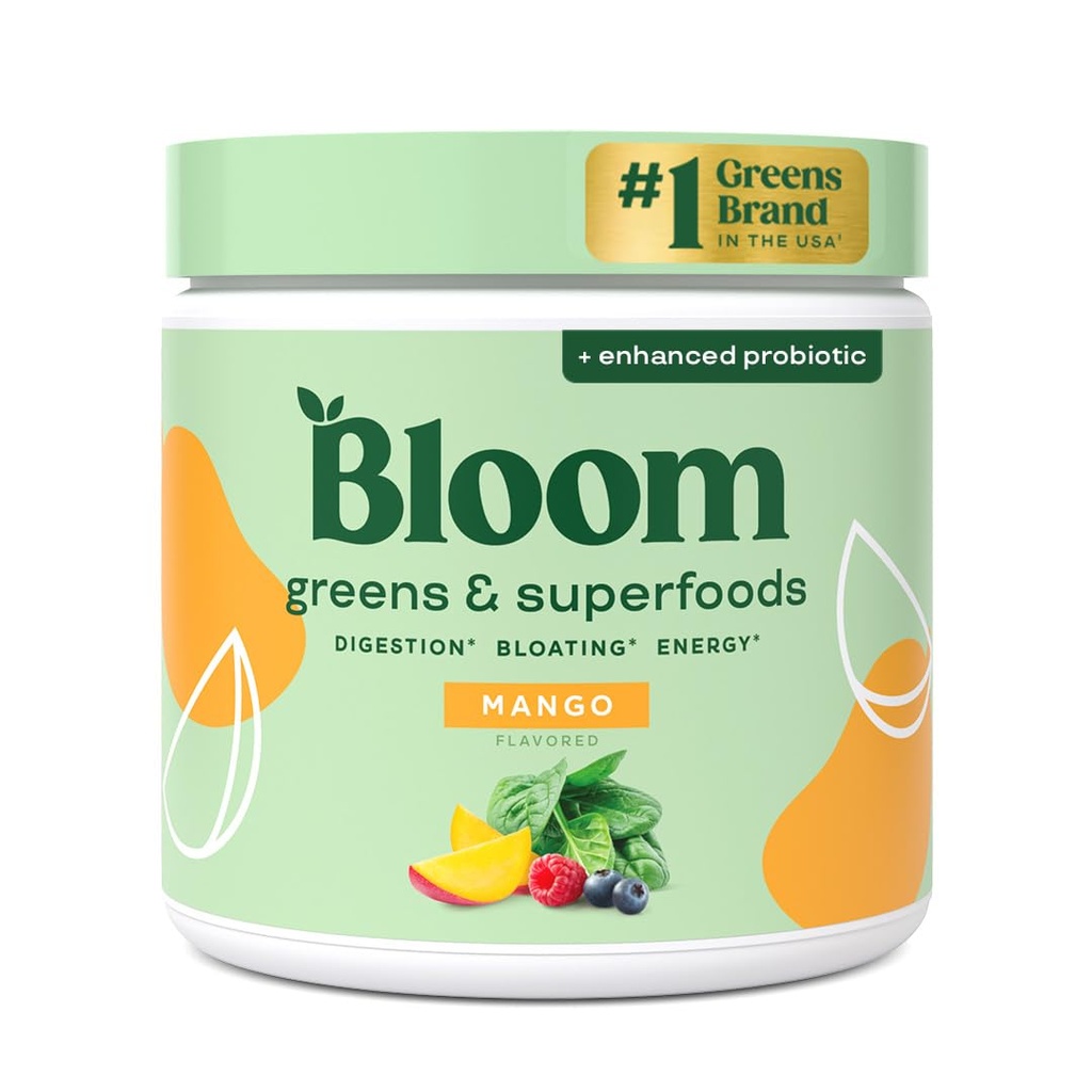 Bloom Nutrition Superfood Greens Powder, Digestive Enzymes with Probiotics and Prebiotics, Gut Health, Bloating Relief for Women, Chlorella, Green Juice Mix with Beet Root Powder, 30 SVG, Mango