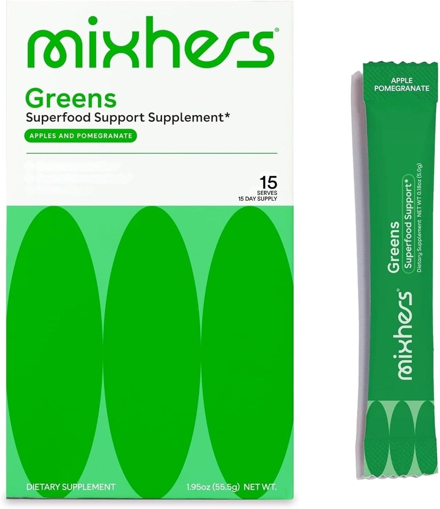 MIXHERS Hergreens - Greens & Veggie Powder - Made from Whole Foods - with Digestive Enzymes & Kale - Nutrition Designed for Women - Support Heart & Liver - 15 Drink Packets - Apples & Pomegranate