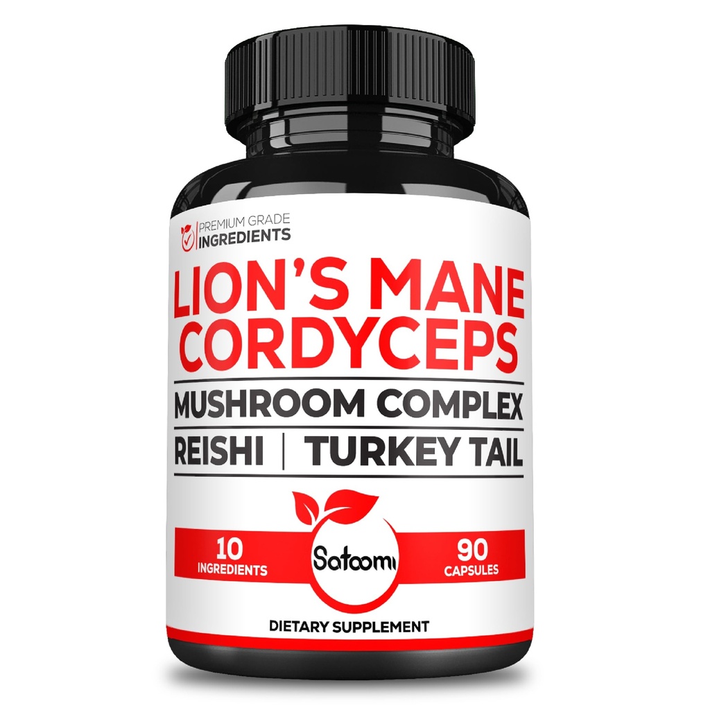 Satoomi 10in1 Cordyceps Mushroom Supplement - Blended with Lions Mane, Turkey Tail Mushroom, Reishi Mushroom & Others - 90 Capsules for 90 Serving Supply