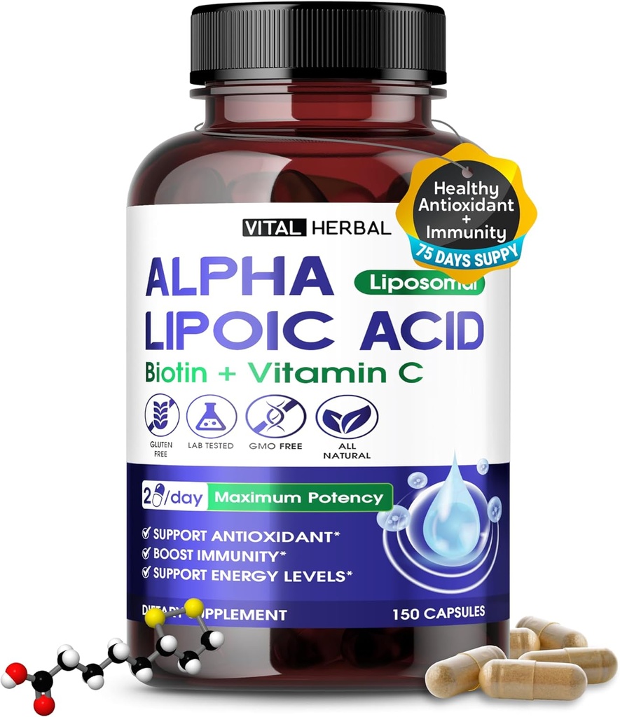 VITAL HERBAL Liposomal Alpha Lipoic Acid with Biotin, Vitamin C- Maximum Potency - Supports Immunity, Energy Levels- Made in The USA