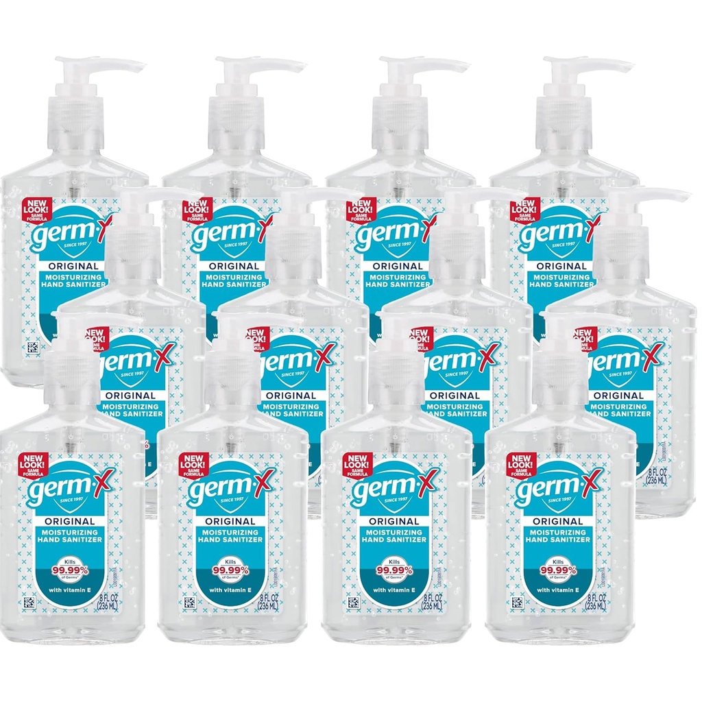 Germ-X Original Hand Sanitizer, Non-Drying Moisturizing Gel with Vitamin E, Instant and No Rinse Formula, Back to School Supplies College, 8 Fl Oz Pump Bottle (Pack of 12)