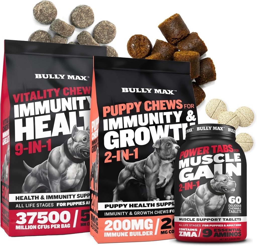 Bully Max Dog Vitality Chews, Muscle Builder Tabs (60 tabs) & Puppy Chews Bundle – Daily Dog Supplements for Muscle Support, Immune Health, and Complete Nutrition for Puppies, Adults, and Seniors