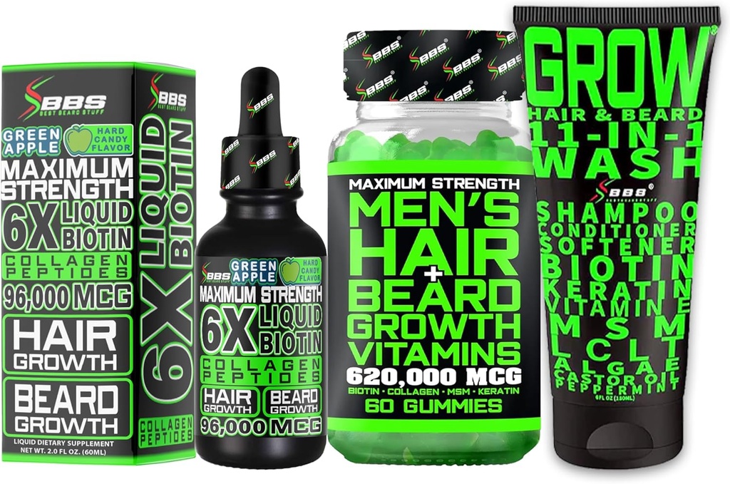 Beard Growth Kit w/Grow 11-in-1 Hair Growth Shampoo for Men & Conditioner w/Biotin + Beard Growth Vitamins & Hair Growth Vitamins for Men + 6X Liquid Biotin with Collagen - Formulated in America