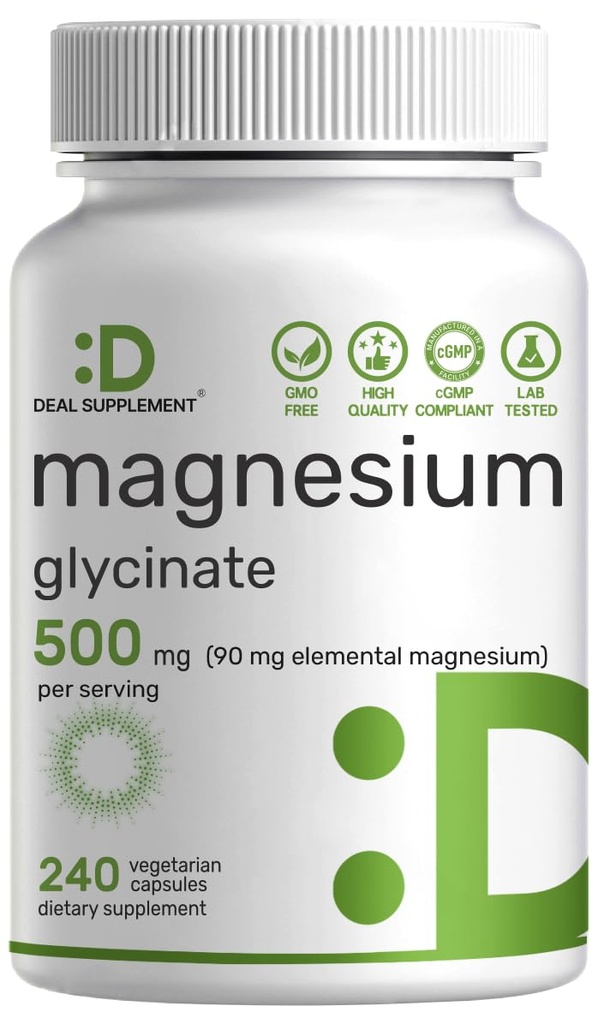Deal Supplement Magnesium Glycinate 500mg Per Serving, 240 Veggie Capsules