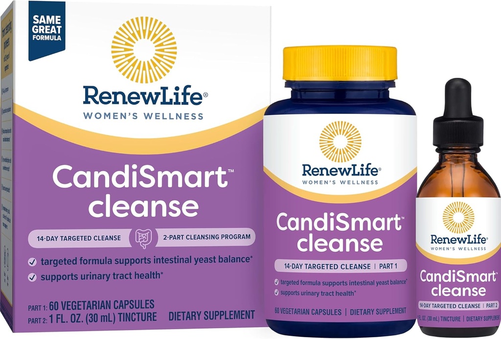 Renew Life Adult Cleanse - CandiSmart - 15-Day Yeast Cleansing Program - 2-Part Kit - Gluten & Dairy Free - 60 Vegetarian Capsules + 1 Fl. Oz. Tincture