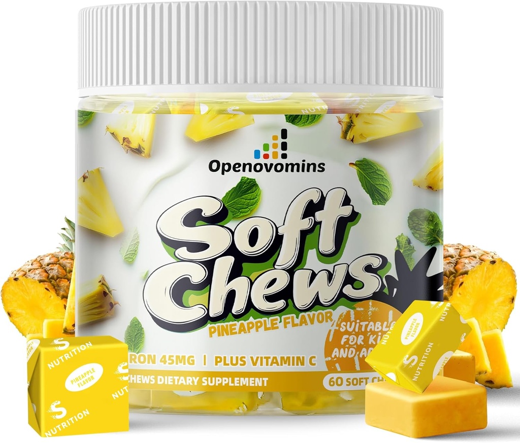 Iron Supplement Chews with Vitamin C for Women Men and Kids, Natural Vegan Iron Soft Chew with Vitamin B6,B12,D, Calcium & Zinc - Energy Support, 60 Pineapple SoftChews,2 Month Supply