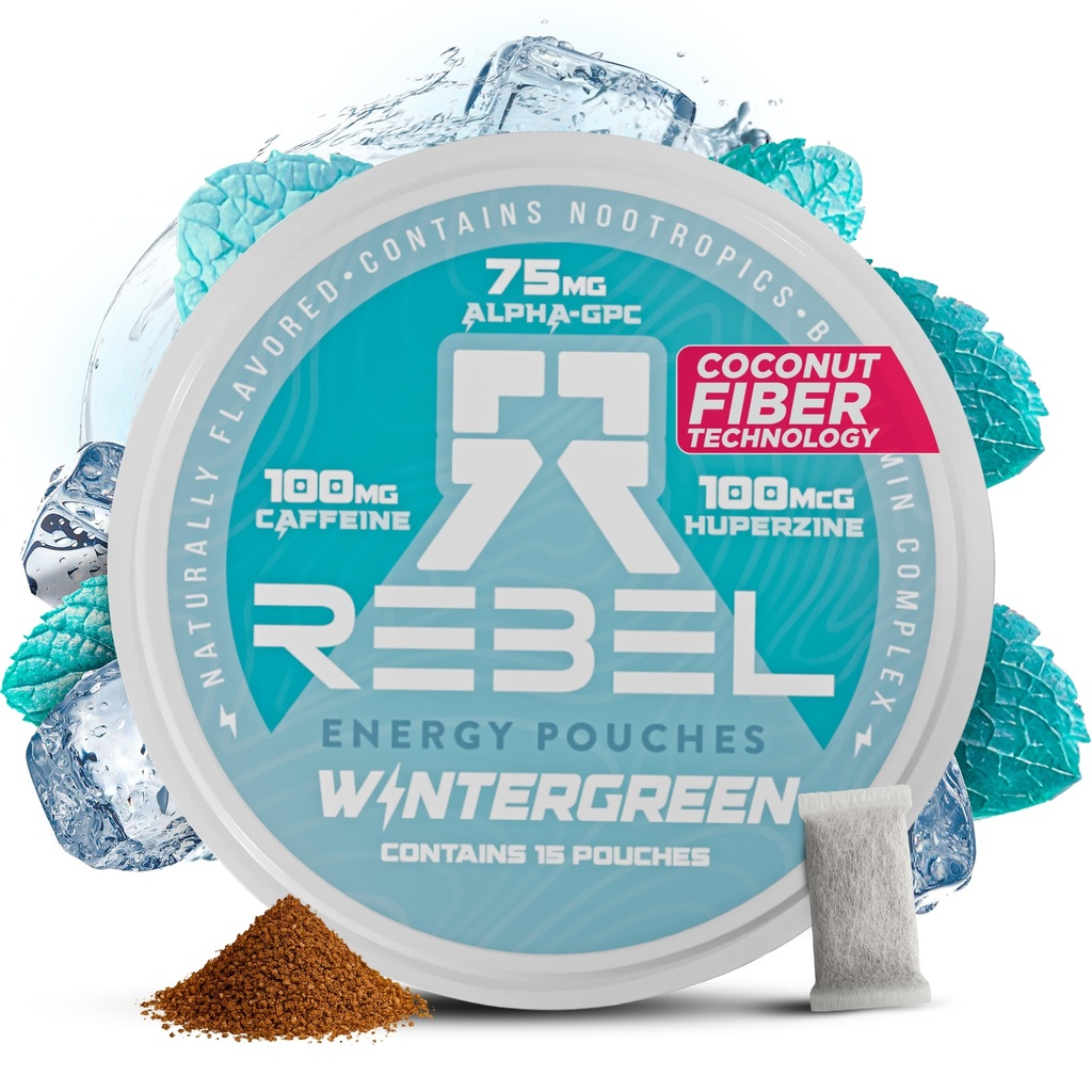Rebel Nootropic Energy Caffeine Pouches (Wintergreen) • 100mg Caffeine • Alpha GPC • Huperzine A & Essential Vitamins • Sugar-Free • Coconut Fiber Technology • 15 Pouches Per Can (Pack of 1)