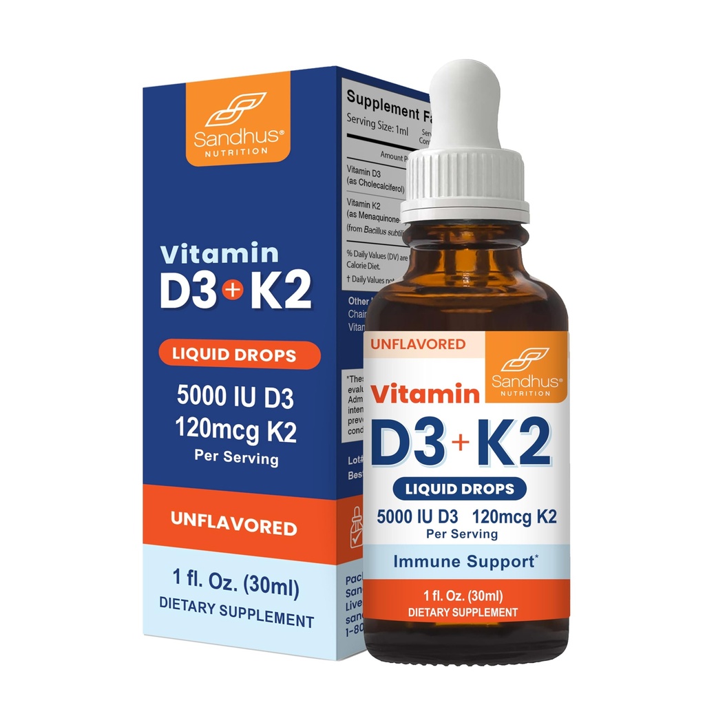 Sandhu's Vitamin D3 K2 Drops for Adults | 5000 IU D3 Liquid, 120mcg K2 Supplement 1 Fl Oz (Pack of 1) | D3K2 Supports Superior Absorption, Energy, Immune, Muscle Health for Men & Women