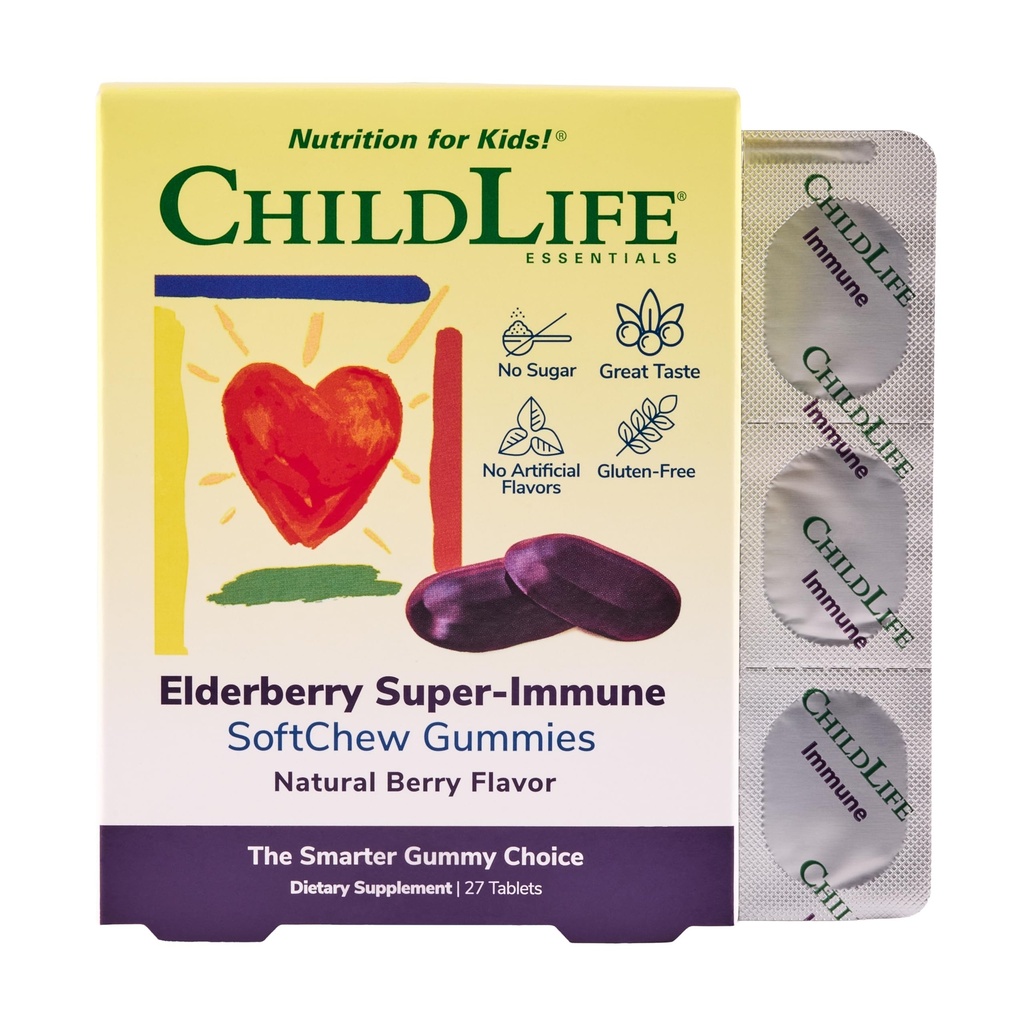 CHILDLIFE ESSENTIALS Elderberry Super-Immune SoftChew Gummies for Kids - Immune Support with Vitamin C & Vitamin D3, Elderberry Immune Supplement for Babies, Toddlers & Children - Berry, 27 Softchews