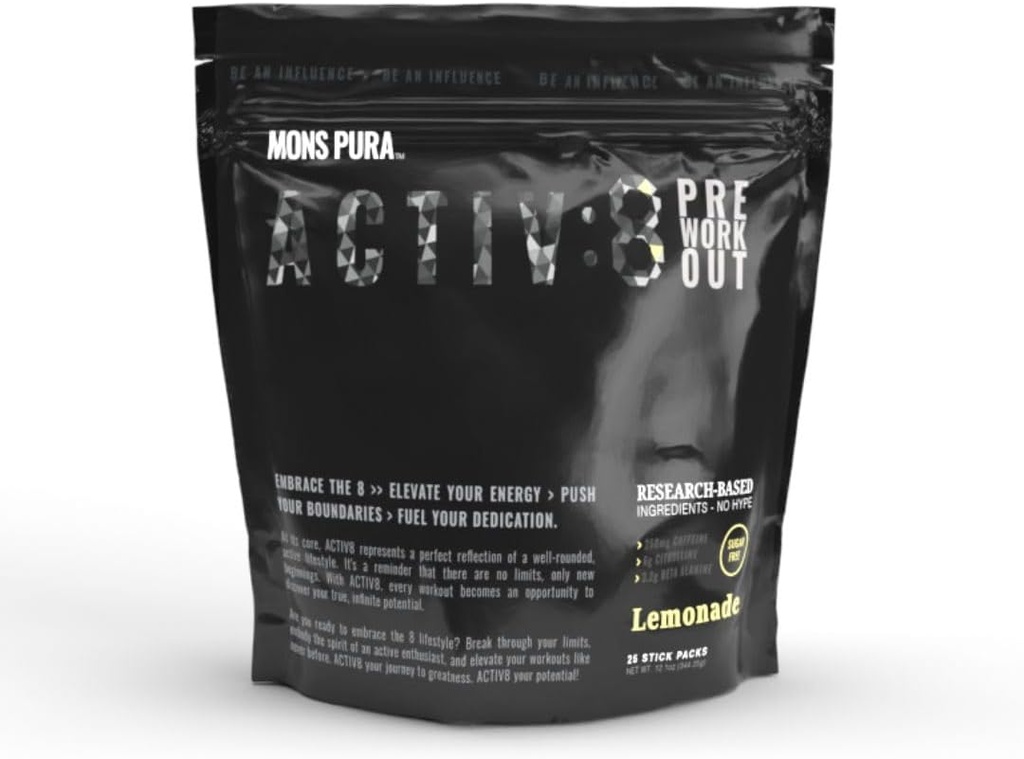 Activ8 Pre-Workout Lemonade Pouch: Energize Workouts with Research-Based Ingredients - 250mg Caffeine, Sugar-Free 25 Stick Pack