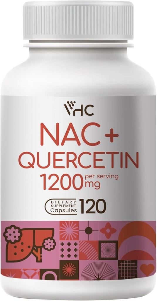 VHC NAC Supplement,Acetyl L-Carnitine1200mg Plus Quercetin, Optimum Dose (1200mg + 100mg), 2 in 1 Dual Action Formula N-Acetyl-L-Cysteine with Quercetin, for Respiratory, Liver, Immune, Made in USA