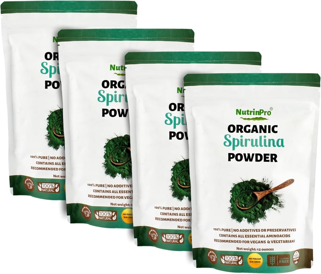 Four Pack Spirulina Powder for Juice and Smoothy Mix; 100% Natural, USDA Organic and Gluten Free, with High Protein, Vitamins, Antioxidants and Minerals (12 Ounces) (4)