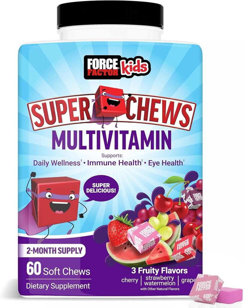 Force Factor Kids Multivitamin Super Chews, Kids Vitamins to Support Wellness, Immune Health, Eye Health, & More with 18 Vitamins, Minerals, & Antioxidants, 2-Month Supply, Multi-Flavor, 60 Soft Chews
