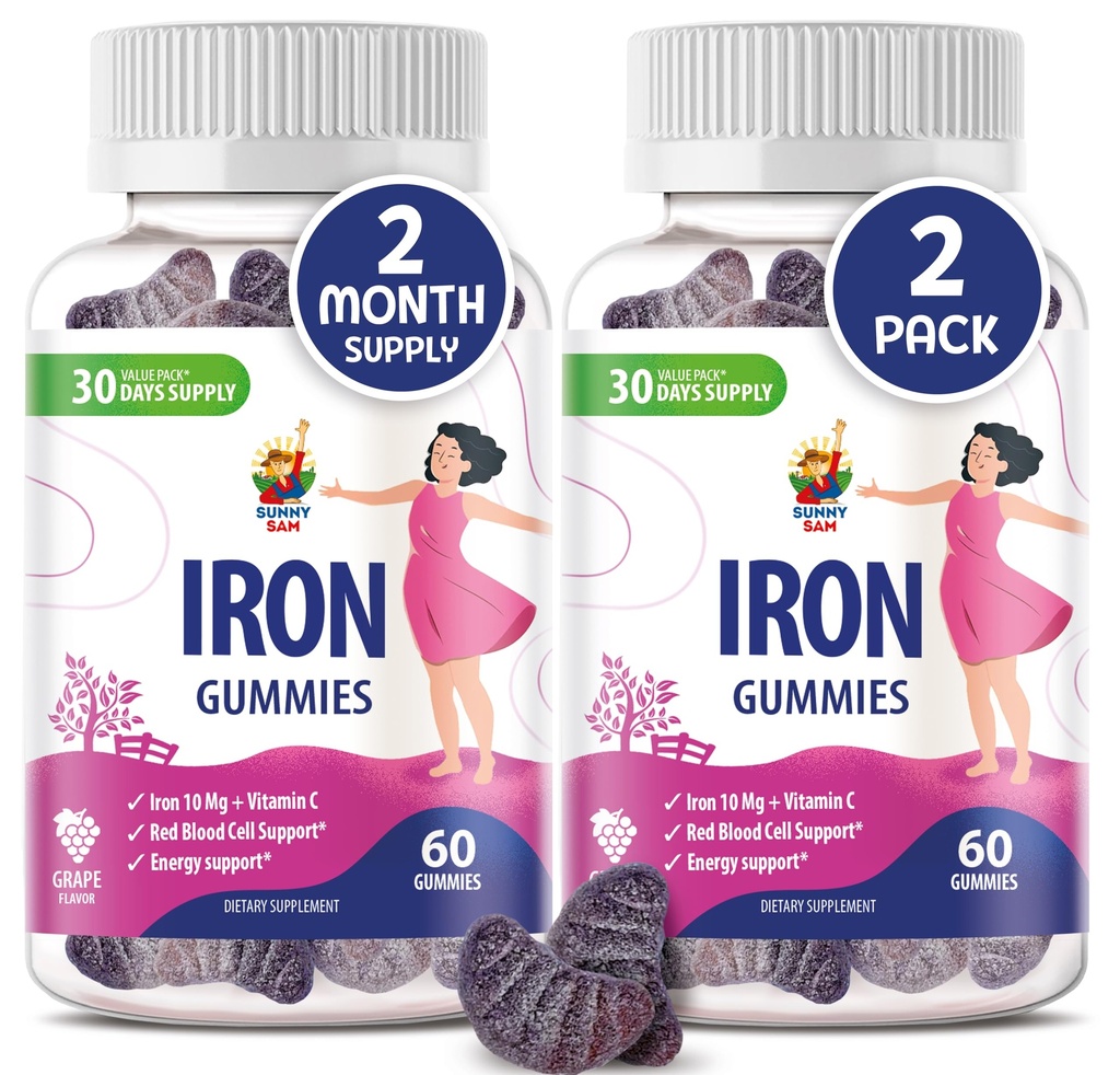 SUNNY SAM Iron Gummies for Kids & Adults - Iron Vitamins with Vitamin C, 10mg per Serving - Chewable Fruit Gummy for Immune Support Red Blood Cell Production