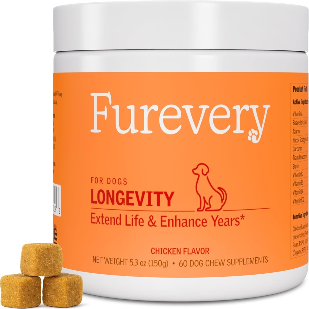 Longevity Dog Multivitamin 11-in-1 Daily Chews Chicken Flavored with Flaxseed, 60 Count, Supports Hip and Joint Health, Immune System, Skin and Coat, Heart Health, Energy and Vitality