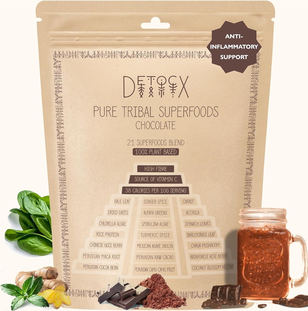 21 Supergreens Powder | Chocolate | Energy | Digestion |Superfoods | Organic,Probiotic,Prebiotic,Fibre,Vitamins, Minerals |Gluten&Dairy&Soy Free| Vegan| 30+ Servings/8.82oz