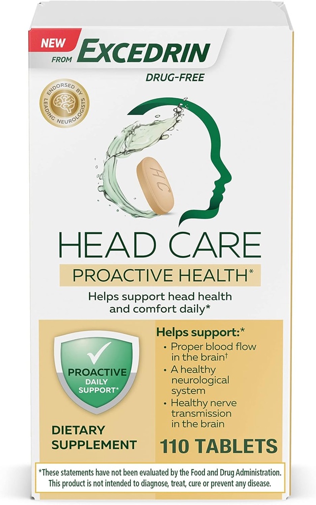 Excedrin Head Care Proactive Health with Magnesium, Riboflavin, Vitamin B6, Folic Acid and Vitamin B12, Dietary Supplement Supports Head Health and Comfort Daily – 110 Count