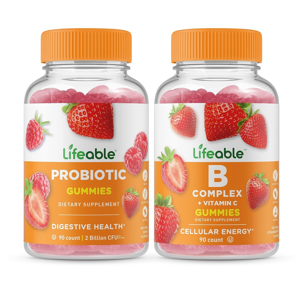 Lifeable Probiotic 2 Billion CFU + B Complex, Gummies Bundle - Great Tasting, Vitamin Supplement, Gluten Free, GMO Free, Chewable Gummy
